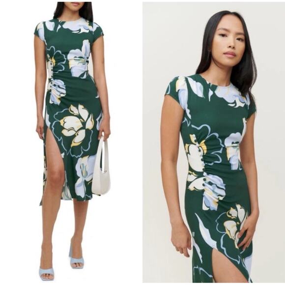 Reformation Frasier Lyra Floral Cap Sleeve Ruched Green Midi Dress Sz 16 - Picture 1 of 10